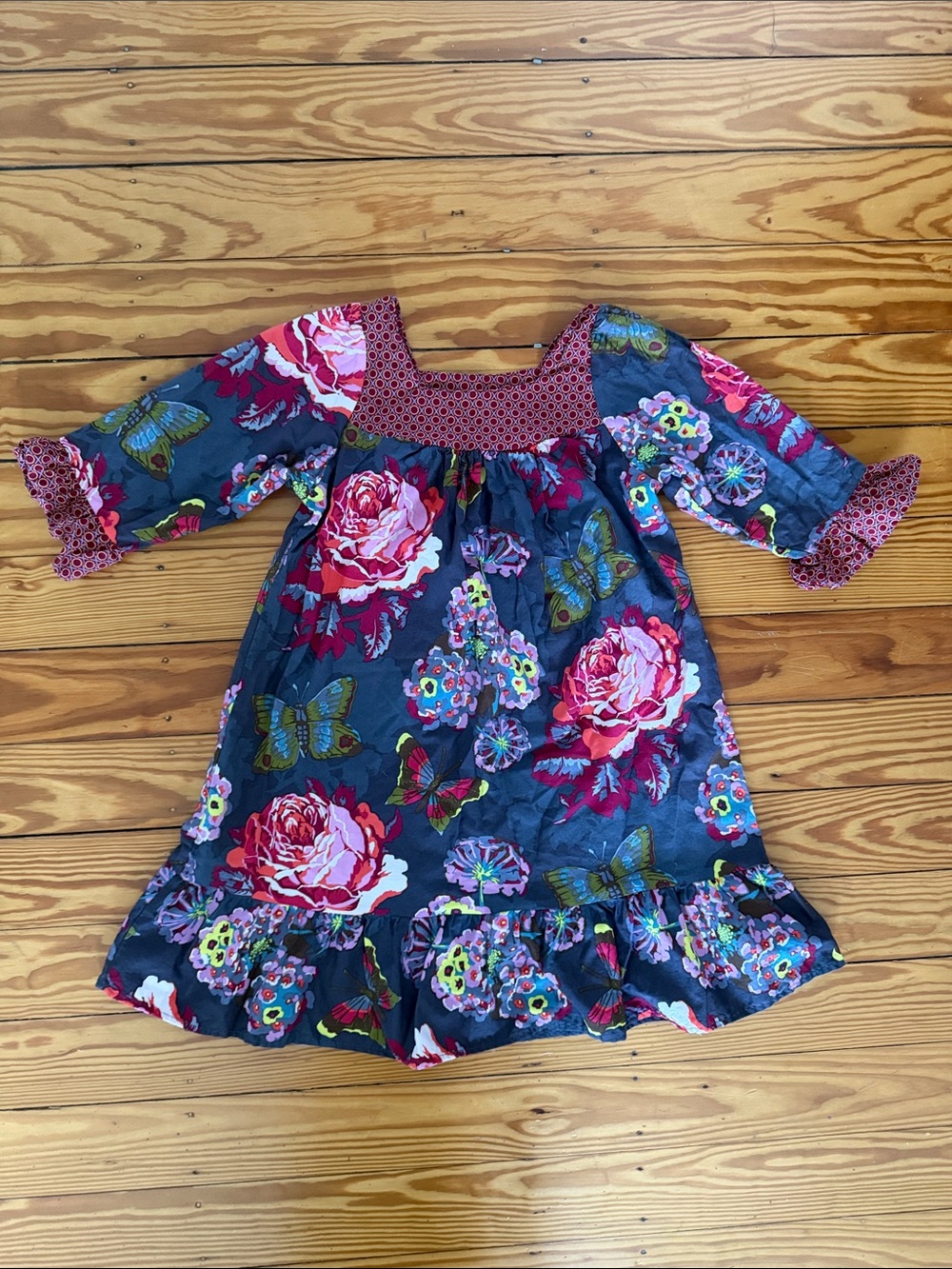 Girls Navy Floral & Butterfly Cotton A-Line Dress